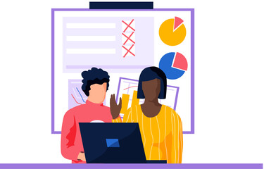 Declining indicators of profit, statistical diagrams concept. Work with graphs, statistics, data analysis. People with laptop work with pie chart on poster. Colleagues analyze financial strategy