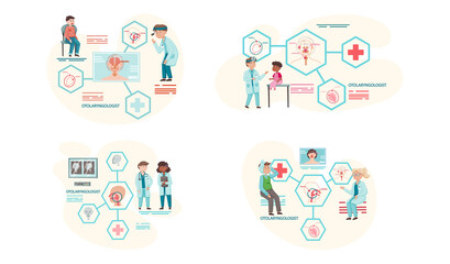Otolaryngologist doctor with nose, ear and throat or ENT diagnostic and treatment instruments. Otology doctor with patient. Otorhinolaryngology healthcare medicine or otolaryngology diseases