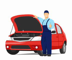 Smiling auto mechanic stands next to the car with the hood open. Repairman showing thumb up sign. Car service. Vector Illustration in flat style on white background.