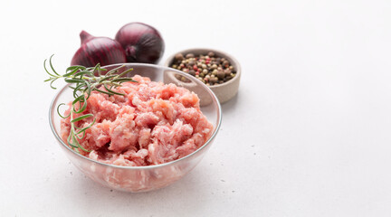 Chopped meat. Meat stuffing for cutlets or meatballs. The concept of cooking burgers. Copy space