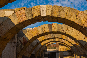 IZMIR, TURKEY: View of the arched arches of the Agora in Izmir on a sunny day.