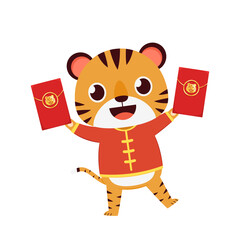 Happy Chinese new year 2022 poster. Happy Chinese new year greeting card 2022 with cute tiger. Tiger character design.