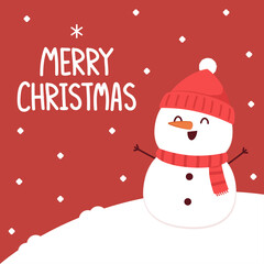 Merry Christmas and happy new year 2022 greeting card. Snowman cartoon character. Cute Christmas mascot.