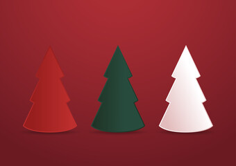 Christmas tree 3D. Winter Christmas Red background with tree Xmas. New Year greeting card design with stylized Christmas tree. Vector illustration. Christmas tree logo.