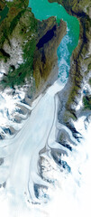 Satellite view of a glacier, Jorge Montt, Chile. Ice melting. Climate change. Wild nature. Element of this image is furnished by Nasa