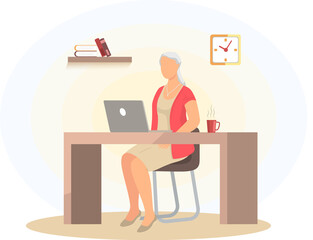 Old woman sitting with computer at workplace. Freelancer grandmother chatting and working online. Beauty female character uses laptop. Senior lady dealing with technology, using modern gadget