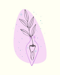 Potion magic bottle root tooth mandrake witchcraft magic, doodle boho style. Vector illustration
