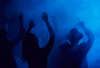Silhouettes of young people jumping and raising hands while enjoying party in smoky nightclub lit...