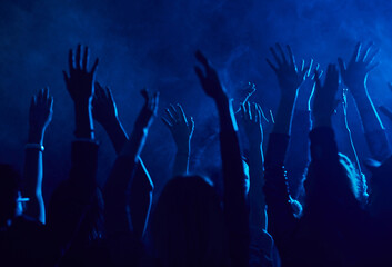 Silhouette of large group of people raising hands while enjoying music concert in smoky nightclub...