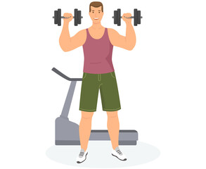Fototapeta na wymiar Workout session, daily exercises, fitness time. Male character is doing sports. Man exercising with dumbbells. Athlete, powerlifter is lifting heavy dumbbells against background of treadmill