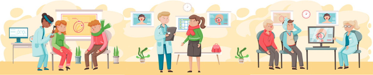 Otolaryngologist doctor with nose, ear and throat or ENT diagnostic and treatment instruments. Otology doctor with patient. Otorhinolaryngology healthcare medicine or otolaryngology diseases