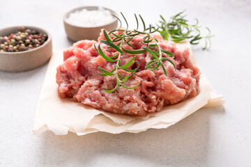 Chopped meat. Meat stuffing for cutlets or meatballs. The concept of cooking burgers. Copy space