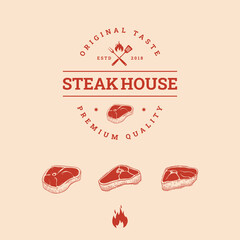 Steak house label. Vector illustration set of beef and steak.