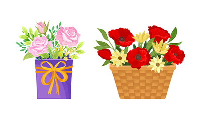 Box and basket with bouquets of beautiful flowers set vector illustration