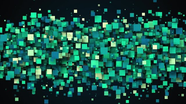 Geometric wave from scattering 3d render cubes. Digital futuristic panorama of data processing and information clusters. Dynamic virtual flow of pixel quadrangular textures.