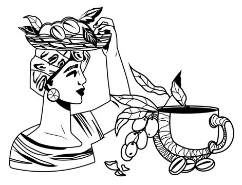 Coffee harvesting with coffee plant elements and farmer woman, vector isolated.