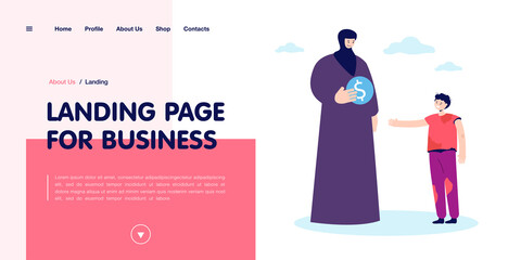 Muslim woman giving alms to messy boy. Female character in traditional Arabic clothes helping child flat vector illustration. Ramadan, celebration, charity concept for banner, website design