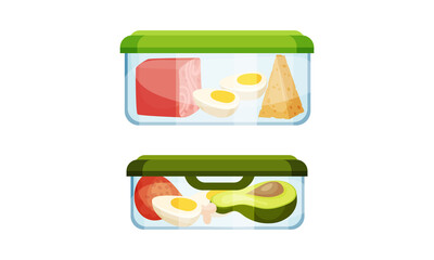 Glass transparent containers with healthy nutritious food products set vector illustration