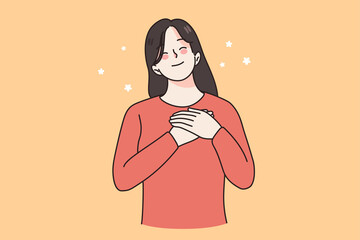 Happy calm young woman hold keep hands at chest feel grateful and thankful at heart. Smiling girl show love, compassion and care. Superstition and faith. Female believer. Vector illustration. 