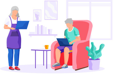 Old woman and man with laptop and tablet pc sitting at home. Grandparents use computers, modern gadgets. Concept of remote work from home, distance learning for retired people. Studying technologies