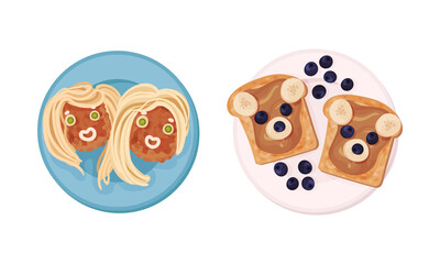 Creative childish dishes serving on plates set. Tasty food for breakfast vector illustration