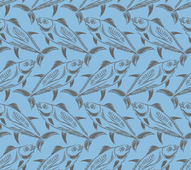 Tuna Hand drawing engraving pattern seamless. tunny Seafood fish background. vector texture