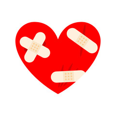 Sick heart with bandages. Wounded heart with plaster