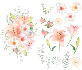 エレガントでレトロなピンク系の百合の花と白いばらとリーフのセットと花束のベクターイラスト素材