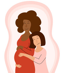 Lesbian interracial couple hugging. Pregnant afro female. Happy same sex women. lgbt family