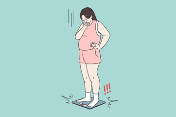Unhappy obese woman stand on scales shocked by weight gain. Upset stressed fat girl frustrated by number on weigh. Overweight, obesity concept. Diet and healthy lifestyle. Vector illustration. 