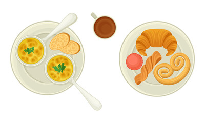 Top view of French cuisine traditional dishes on plates set vector illustration
