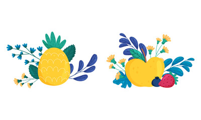 Obraz na płótnie Canvas Fresh ripe pineapple, apple, strawberry, blueberry fruit and berries among grass and leaves set vector illustration