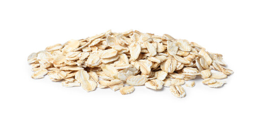 Pile of raw oatmeal on white background