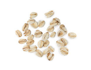 Raw oatmeal on white background, top view
