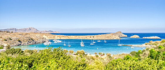 Lindos, Rhodes island, Greece, HDR Image - obrazy, fototapety, plakaty