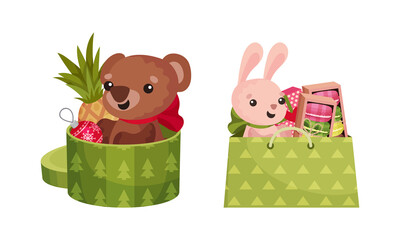 Christmas gift boxes set. Packages with plush teddy bear and bunny toys, pineapple and sweets vector illustration