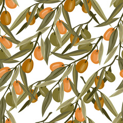 Olives seamless pattern design. Repeatable endless texture, vector illustration.