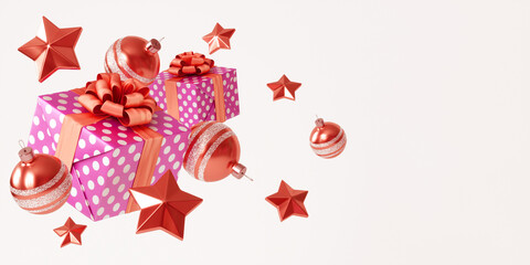 Beautiful New Year's Eve composition with Christmas tree ornaments and gift box with bow . 3D illustration in red and pink, with a blank space to insert text.