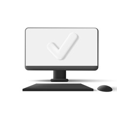 Vector balck monitor with keyboard and computer mouse 3d render illustration with white screen and tick on it