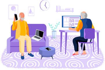 Studying computer by elderly people concept. Technology spread, oldster education, active social life, online communication, senior couple with tablet, learning to use PC and smartphone together