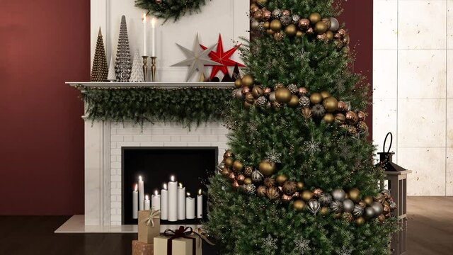 Home interior with Christmas tree and fireplace and candles