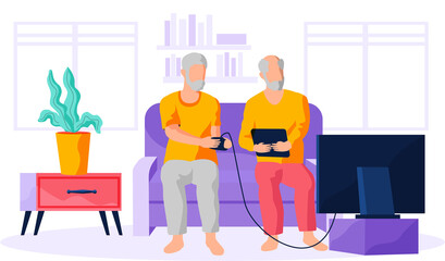 Old person sitting and playing video games with friend. Elderly people use computer and spend time with gadgets. Characters learn new technologies and surf internet. Man communicates via smartphone