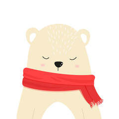 Winter new year christmas postcard. Cute polar bear cartoon character with scarf and hat. Vector celebration card design.