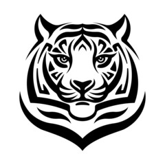 Tiger face. Black and white stylized tiger head. Abstract illustration for print, emblem, badge, poster. Concept of predator animals, safari, chinese horoscope. Symbol of the 2022 Year. Isolated