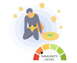 Man in super man costume and circular spectrum of low level of immunity. Power of imunity to fight disease isolated vector. Battle superhero as symbol of human health. Hero demonstrates not power