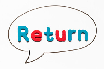 Alphabet letter with word return in black line hand drawing as bubble speech on white board background