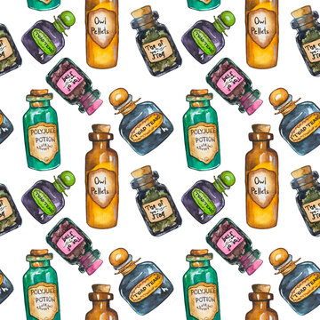 Seamless pattern with watercolor elements of jars of potions. Hand-drawn witch's potions in watercolor. Mystical packaging on a white isolated background.
