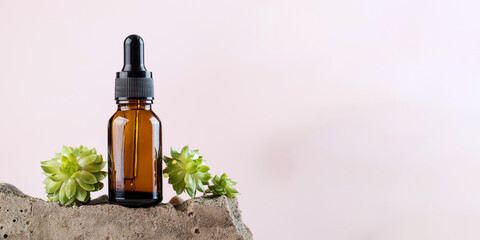 Mock up serum for the skin of the face and body in a dark pipette surrounded by natural materials. Natural cosmetics