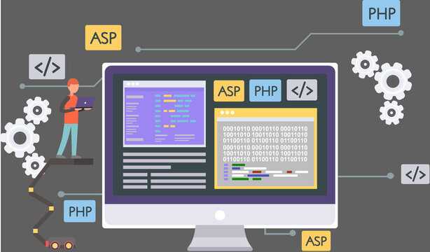 Workplace of office worker programmer with code screen. Desktop with computer monitor and infographics. Modern digital device electronic means of communication computing machine. Code on screen laptop