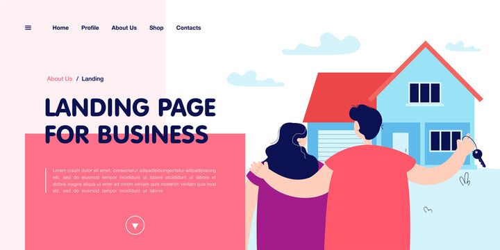 Married couple looking at new home. Husband with key hugging wife, house with garage flat vector illustration. Moving, real estate concept for banner, website design or landing web page